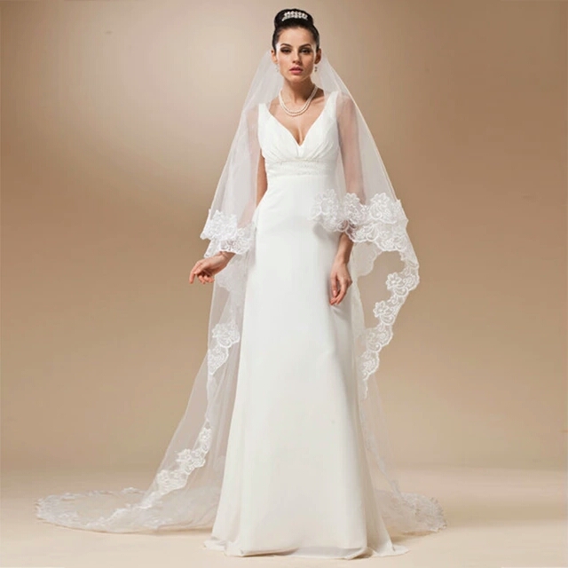 Hot Sale High Quality Wholesale 3 M White / Ivory Lace Edge Appliqued Wedding Veils Velos De Novia
