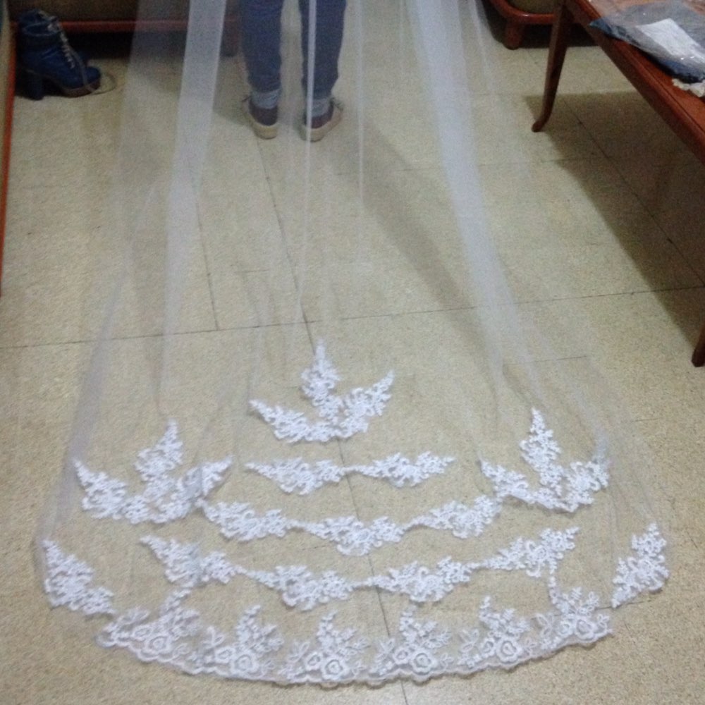 Bride Veils White Applique Tulle 3 meters veu de noiva long wedding veils bridal accessories lace bridal veil