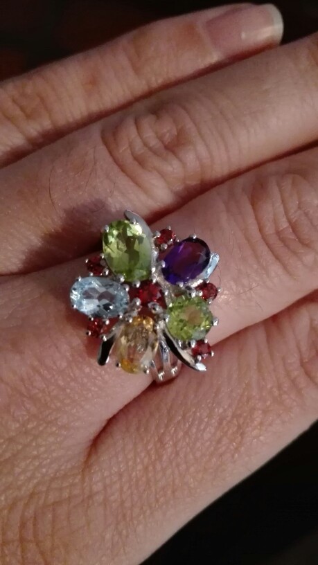 JewelryPalace Flower Multicolor 3.1ct Natural Amethyst Garnet Peridot Citrine Blue Topaz Cocktail Ring 925 Sterling Silver Ring