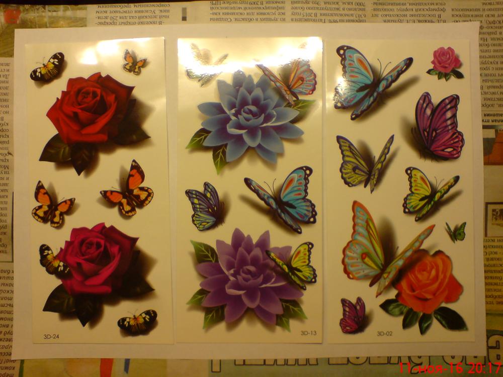 3 Sheets Women's 3D Colorful Waterproof Body Lip Art Sleeve DIY Stickers Glitter Temporary Tattoos Mini Rose Flower Butterfly