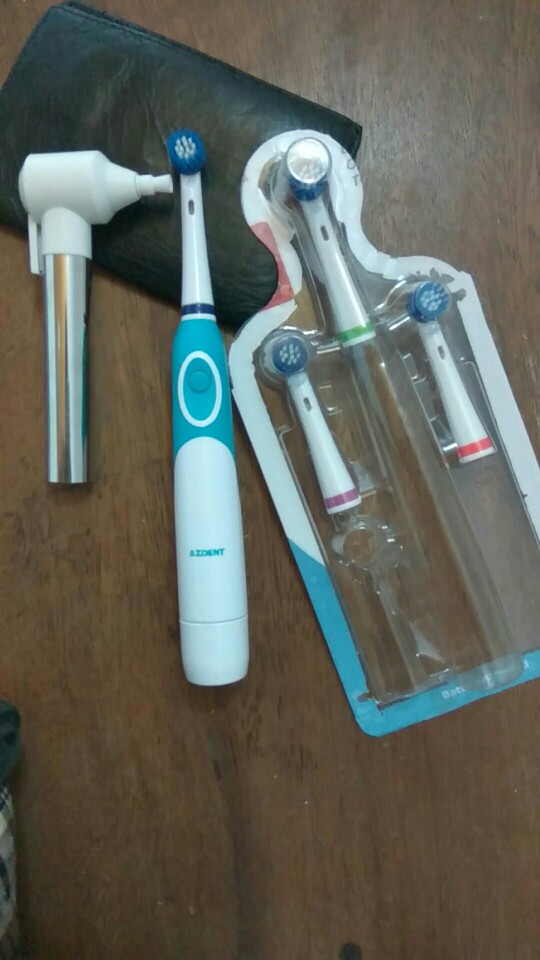 Battery Operated Electric Toothbrush with 4 Brush Heads and AZDENT White Teeth Burnisher Polisher Whitener Stain Remover