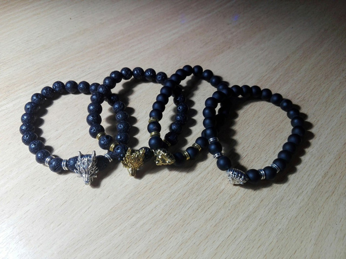 8mm Silver Plated Animal Wolf Head Bracelet With Natural Black Lava Rock Stone Energy Men Beaded Bracelets For Women A-5
