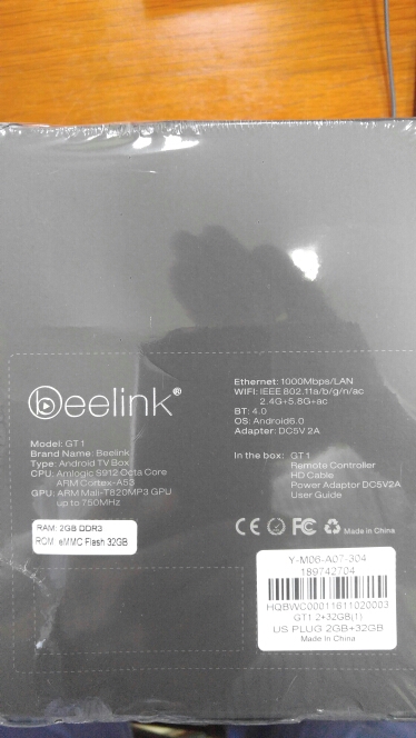 Beelink GT1 Smart TV Box Amlogic S912 Octa Core H.265 Android 6.0 2.4G + 5.8G Dual WiFi Bluetooth 4.0 2G DDR3 RAM 16G eMMC ROM