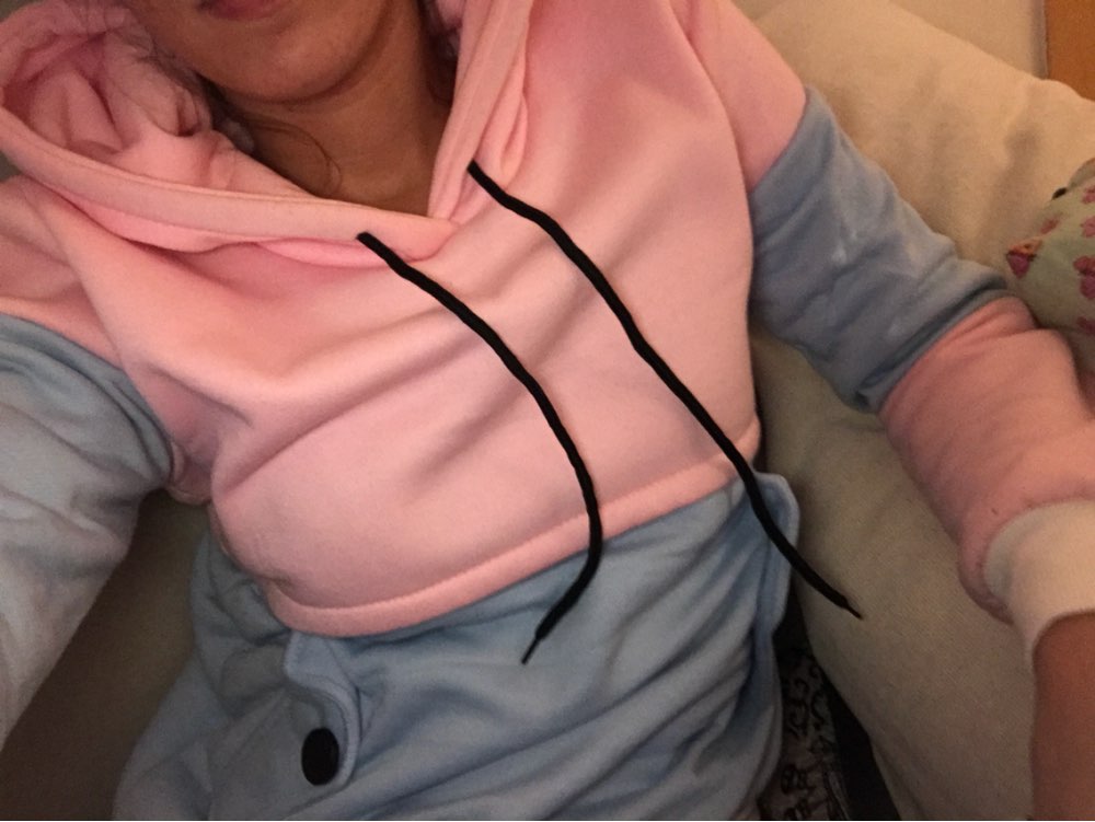 Dotfashion Color Block Drawstring Hooded Tops Pink and Blue Pullovers Women Long Sleeve Patchwork Sweatshirt 