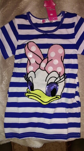 2016 latest summer girls striped dress children cartoon Donald Duck, the two sides in my pocket dress 2-7 years  A122
