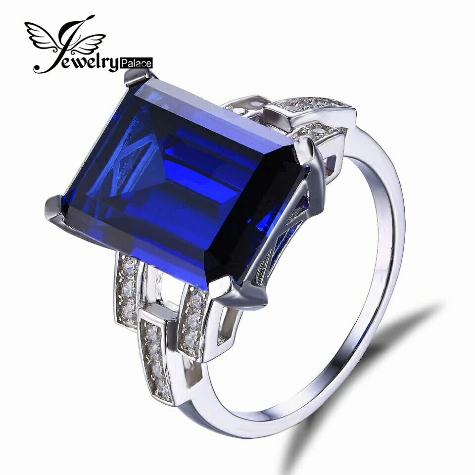 JewelryPalace Luxury Emerald Cut 9.6ct Created Blue Sapphire Cocktail Ring Genuine 925 Sterling Silver Jewelry Engagement Ring