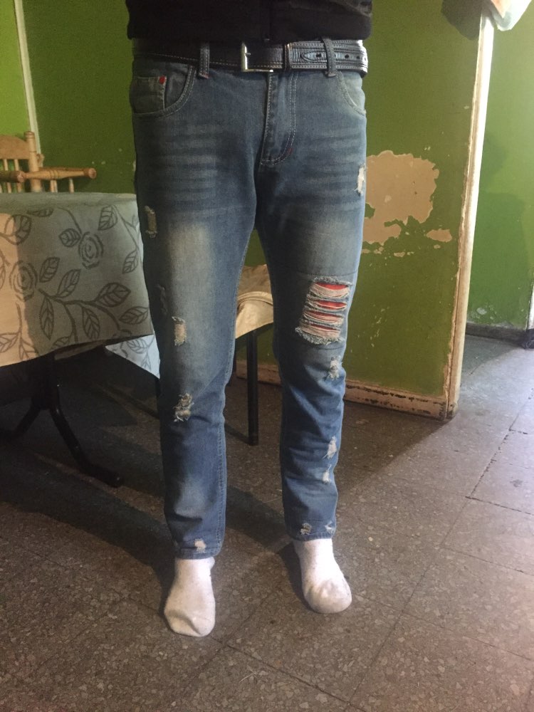 Jeans Destroyed Men 2016 New Fashion Retro Ripped Jeans Slim Hole Straight Denim Trousers, Light Blue Cuffs Korean Jeans Homme
