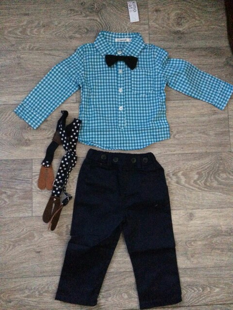 2016 new blue plaid baby boy clothes shirt with bow + casual pants wtih free strap baby boy fashion clothing set newborn clothes