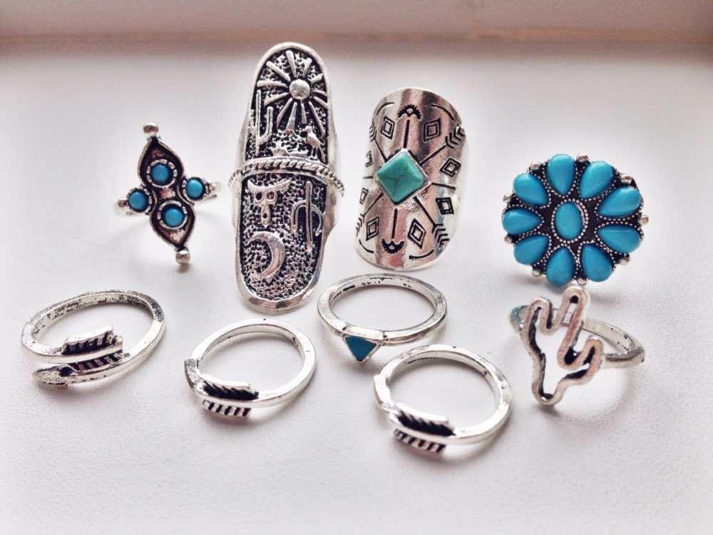 9pc/set Vintage Bohemian Beach Turquoise Ring Set Ethnic Style Antique Silver Plated Midi Finger Boho Rings Set Charm Anelli