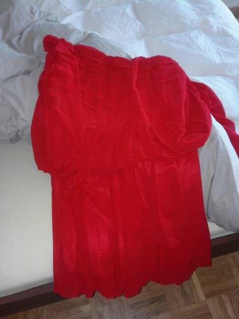 DressV red A-line long evening dress cheap off the shoulder zipper up 3/4 length sleeves pleats ruched chiffon evening dress