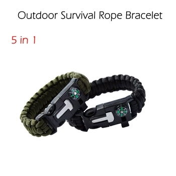 Outdoor 5 in 1 Self-defense Survival Rope Bracelet Escape Rescue Flint Fire Starter Whistle Camping Gear Buckle Travel Kit