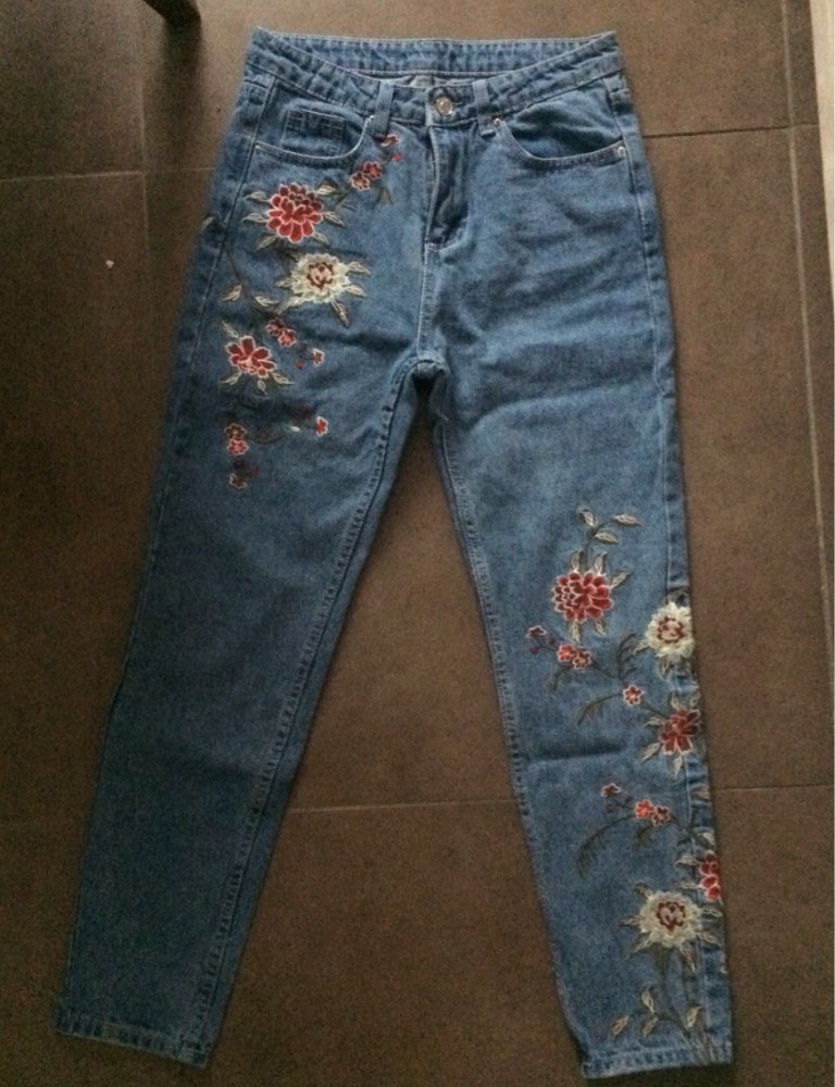 Simplee Flower embroidery jeans female Light blue casual pants capris 2016 autumn winter Pockets straight jeans women bottom