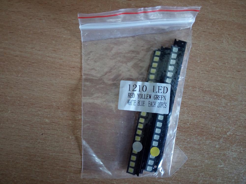 5 Values* 20pcs=100PCS  Bright 3528 1210 SMD LED Kit Red/Green/Blue/Yellow/White 20pcs Each LED Diode 3.5*2.8*1.9mm 